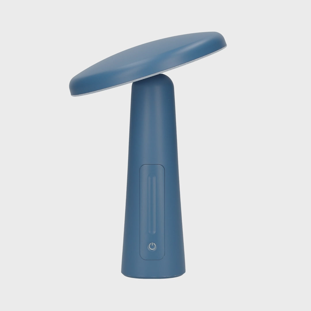 360 Grad Ansicht einer kabellosen LED Tischleuchte in Blau.